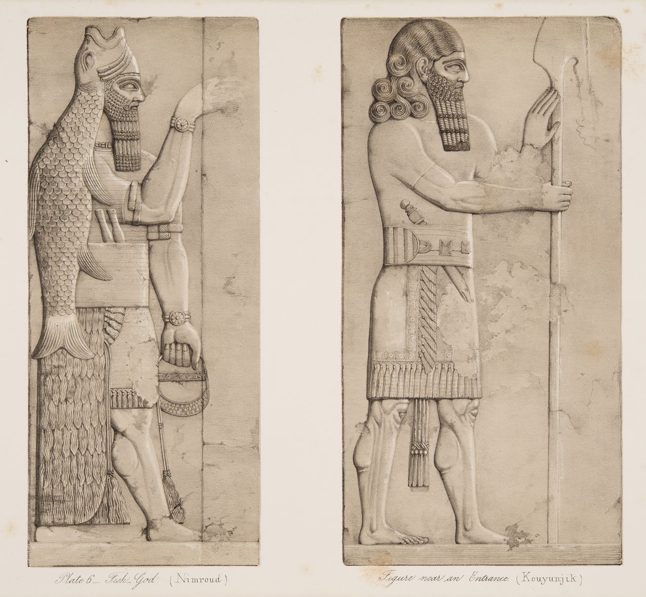 Rybí bůh (Nimroud) a postava u vchodu (Kouyunjik), z Monuments of Ninive, hospoda. 1849 od Austen Henry Layard