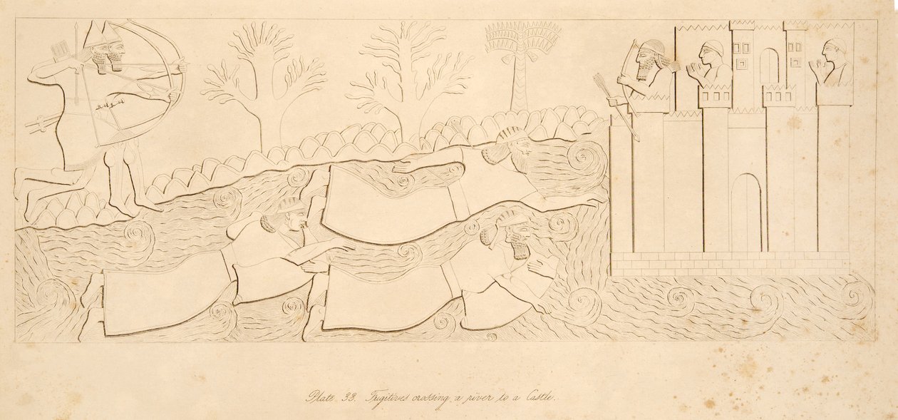 Uprchlíci překračující řeku k hradu, od Monuments of Niniveh, hospoda. 1849 od Austen Henry Layard