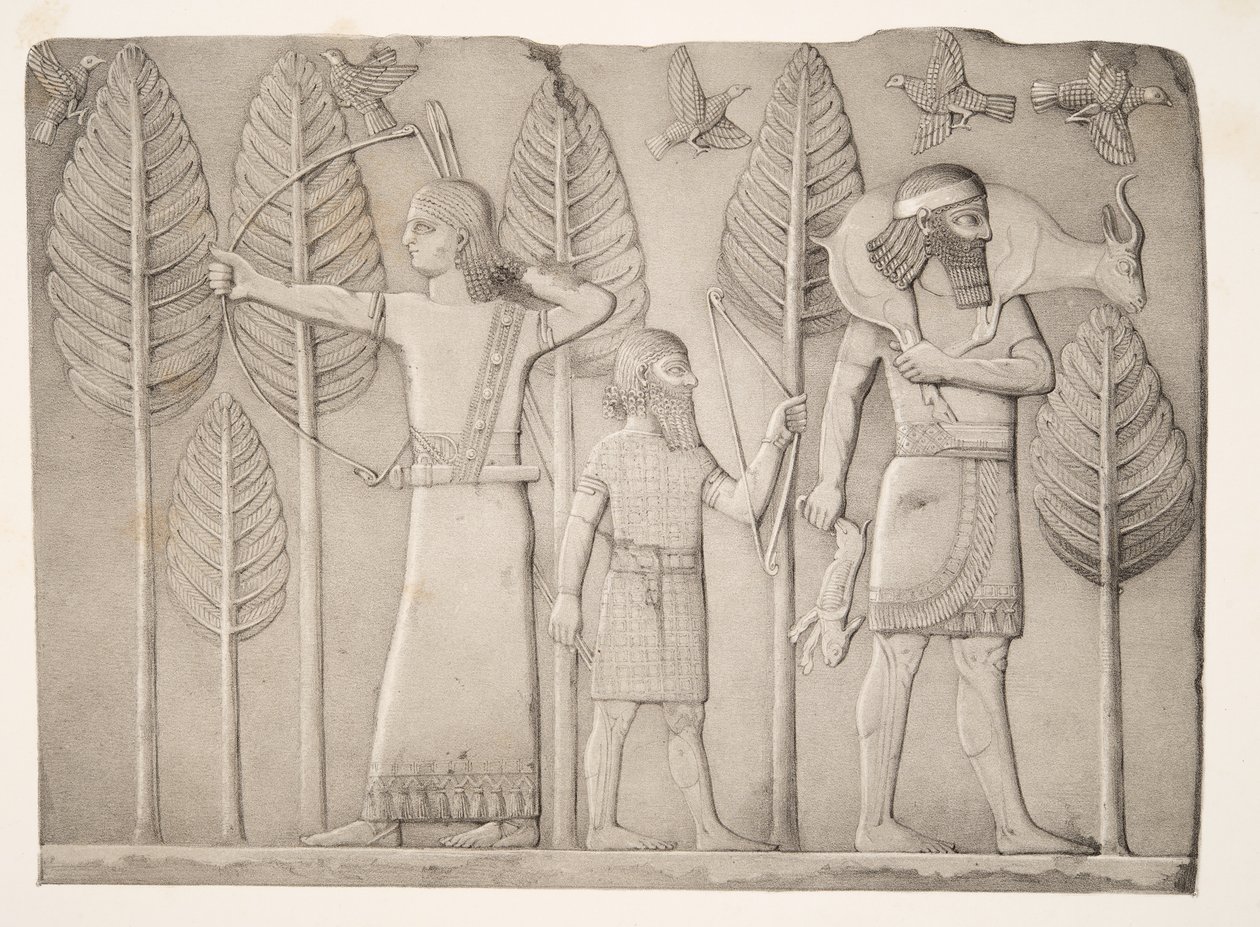 Lovci s gazelou, zajícem a ptáky (Khorsabad), z Monuments of Ninive, hospoda. 1849 od Austen Henry Layard