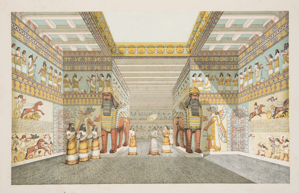 Rekonstrukce sálu asyrského paláce, z Památky Ninive, hospoda. 1849 (ručně kolorovaná rytina) od Austen Henry Layard