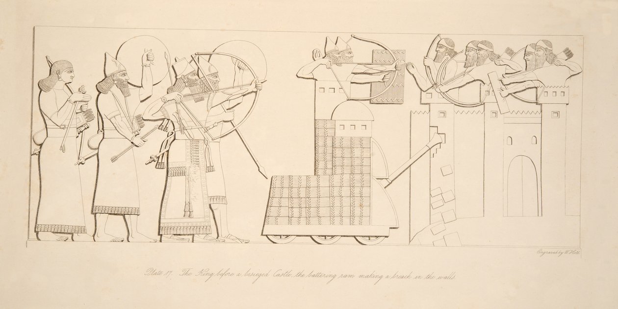 Král před obleženým hradem, beranidlo prorážející hradby, hospoda Monuments of Niniveh. 1849 od Austen Henry Layard