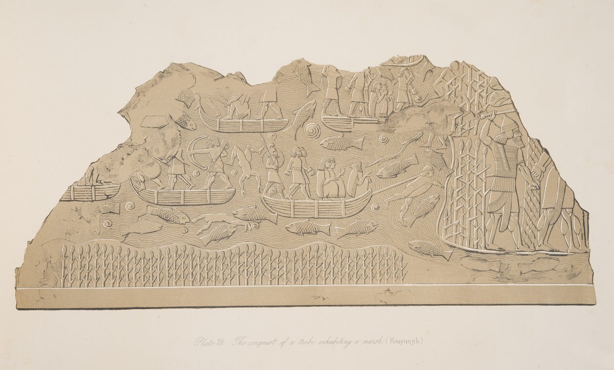 Dobytí kmene obývajícího močál (Kouyunjik), z Monuments of Ninive, hospoda. 1849 od Austen Henry Layard