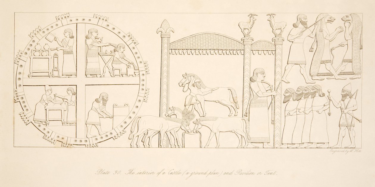 Interiér hradu (půdorys) a pavilonu nebo stanu, od Monuments of Niniveh, hospoda. 1849 od Austen Henry Layard
