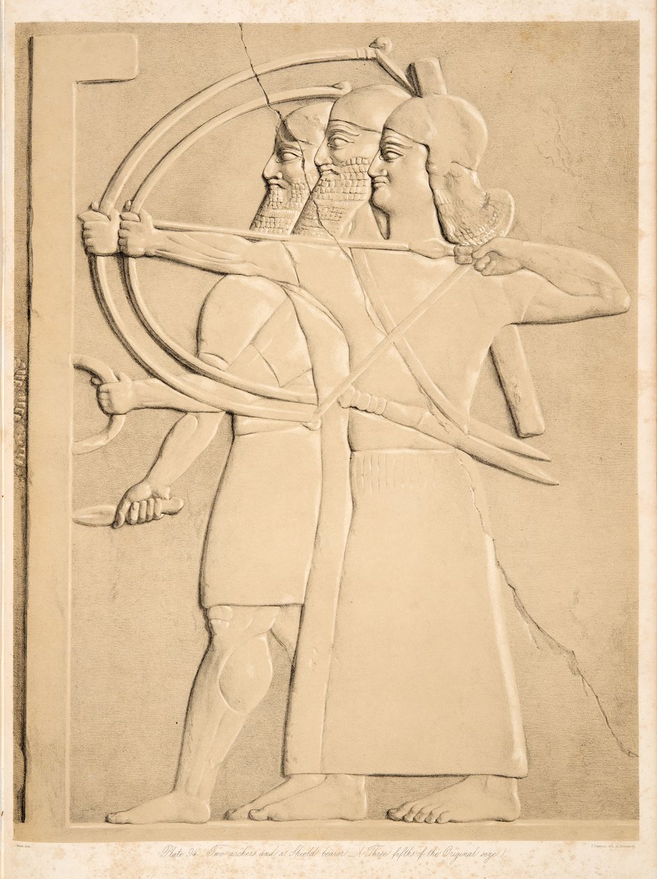 Dva lučištníci a štítonoš, z Monuments of Ninive, hospoda. 1849 od Austen Henry Layard