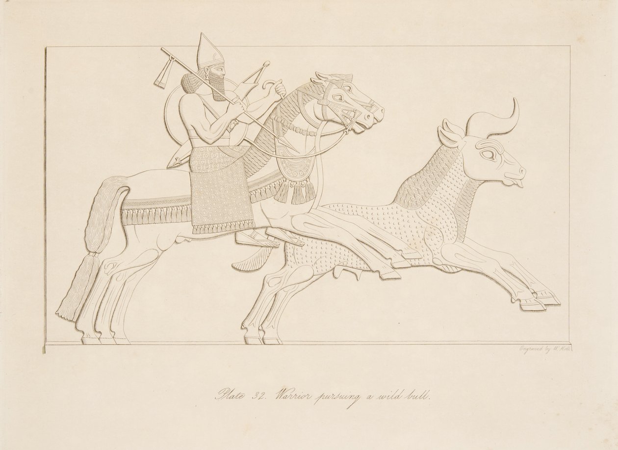Válečník pronásleduje divokého býka, hospoda Monuments of Niniveh. 1849 od Austen Henry Layard