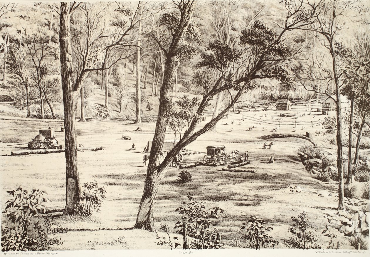Free Selectors Hut, z Historie Australasie od Davida Blaira, McGradyho, Thomsona a Nivena, 1879 od Australian School