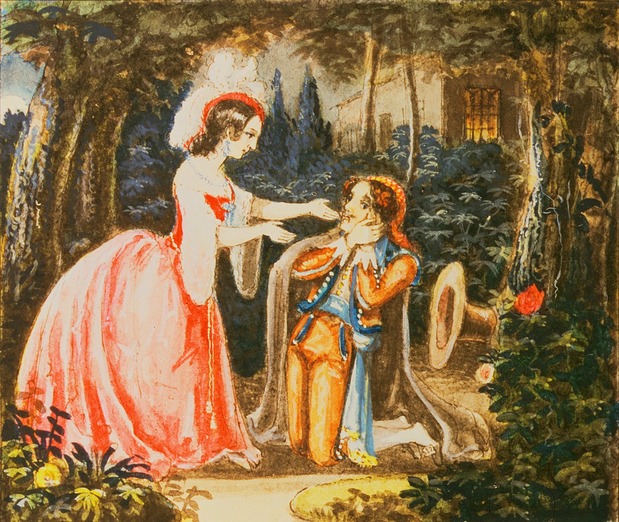 Hrabě Almaviva kajícně klečí před svou ženou, dějství IV, z Figarovy svatby od Wolfganga Amadea Mozarta (1756-91) od Austrian School