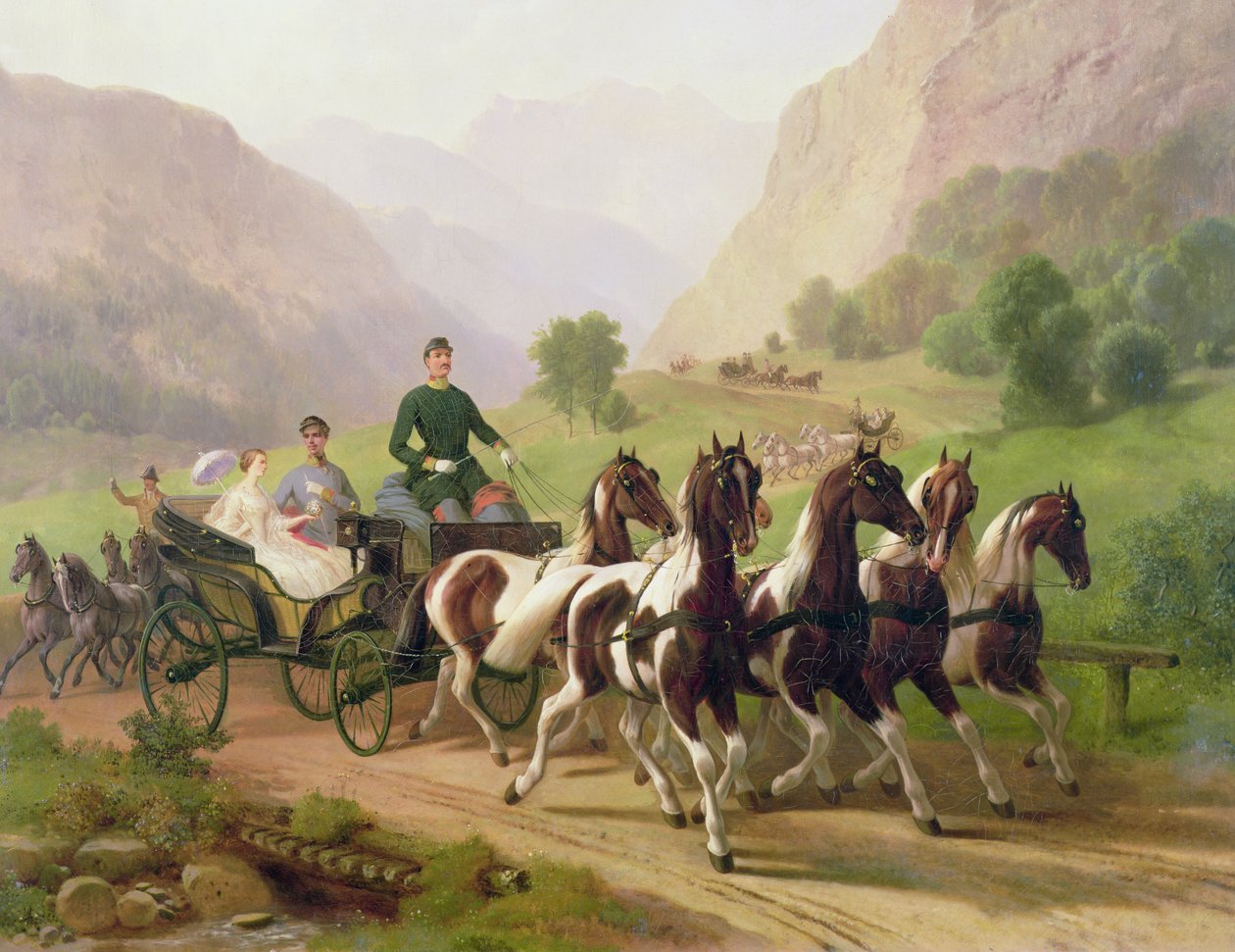 Rakouský císař František Josef I. vezený ve svém kočáru se svou ženou Alžbětou Bavorskou v Bad Ischlu, 1855 od Austrian School