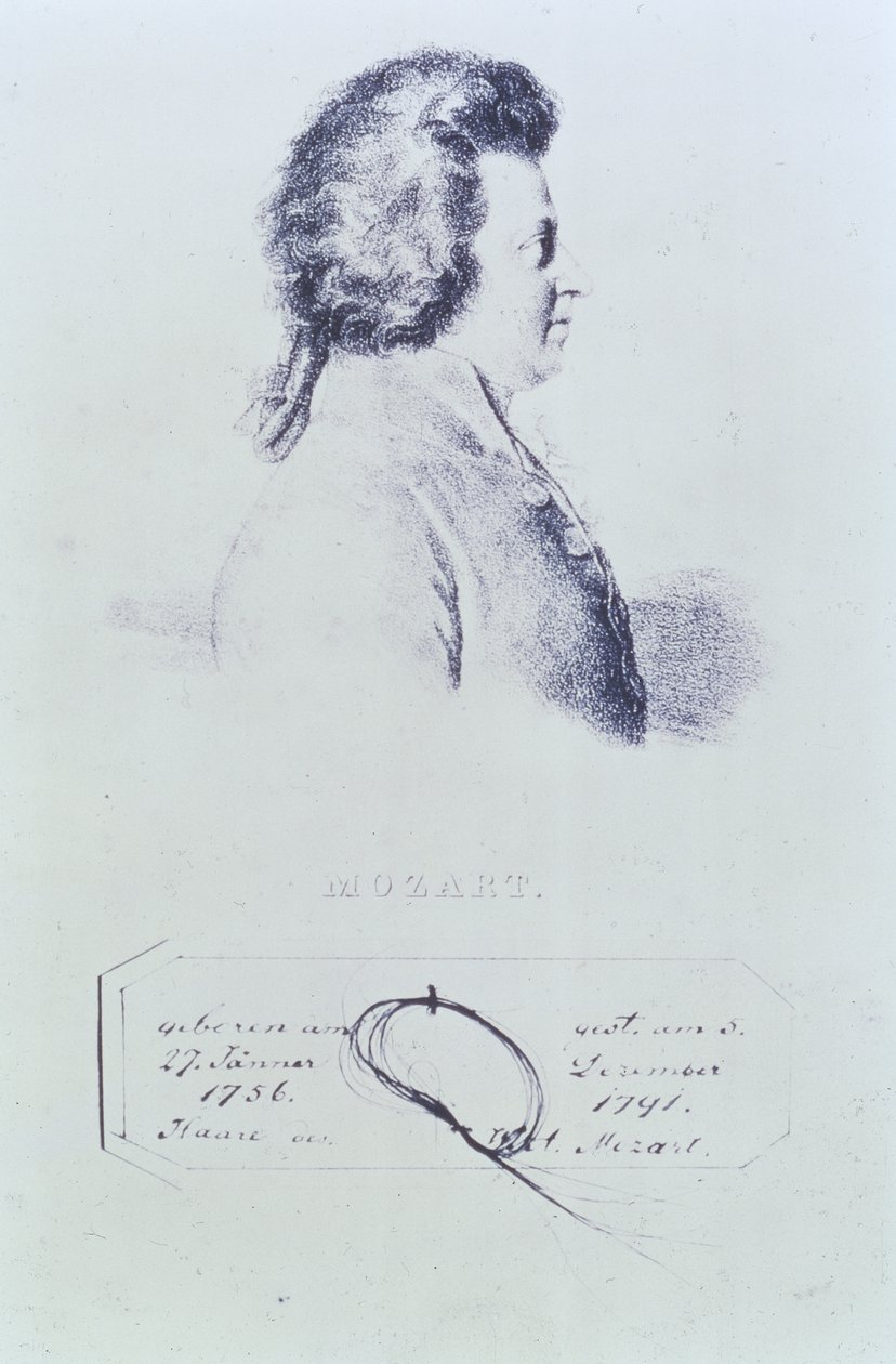 Portrét Wolfganga Amadea Mozarta (1756-91) s pramenem vlasů dole od Austrian School