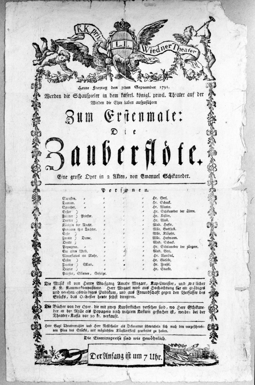 Plakát inzerující premiéru „Kouzelné flétny“ od Wolfganga Amadea Mozarta ve Freihaustheater (nyní Theater an der Wien), 1791 od Austrian School