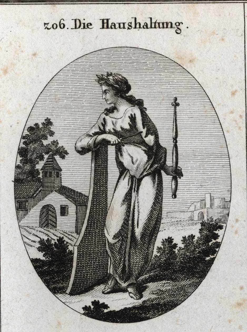 Alegorie ekonomie. Je korunován olivovou ratolestí symbolizující mír. Opírá se o kormidlo a drží žezlo a kompas, emblémy moci a přesné vlády. Rytina v „“ Iconologie oder Ideen aus dem Gebiete der Leidenschaften und Allego od Austrian School