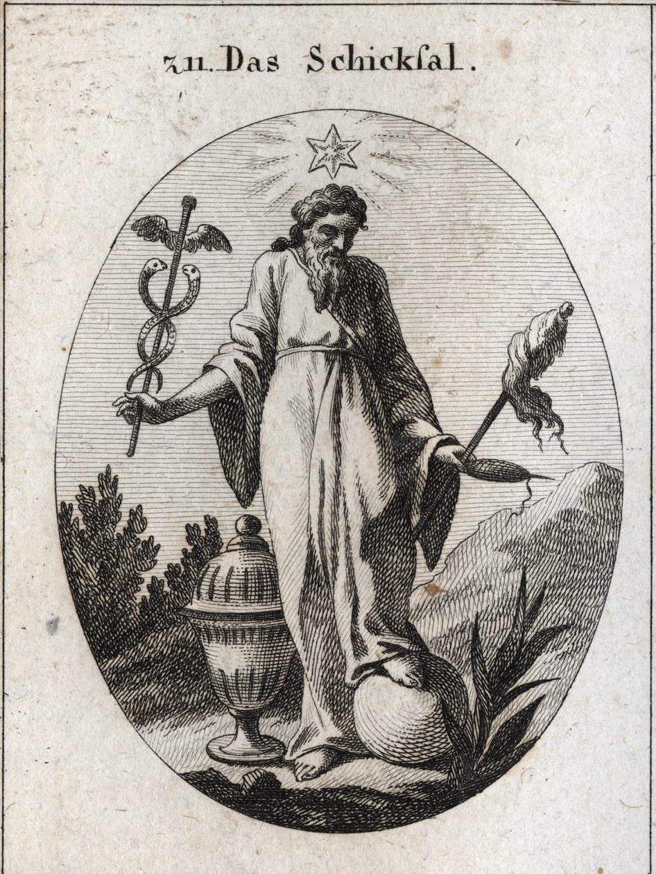 Alegorie osudu. Hvězda nad ní vysílá zprávy astrologie o příhodách lidského života. Na jedné ruce drží listnatý symbol své moci a na druhé symbol orobince a fiuseau, jehož přetržená nit naznačuje křehkost života. Země h od Austrian School