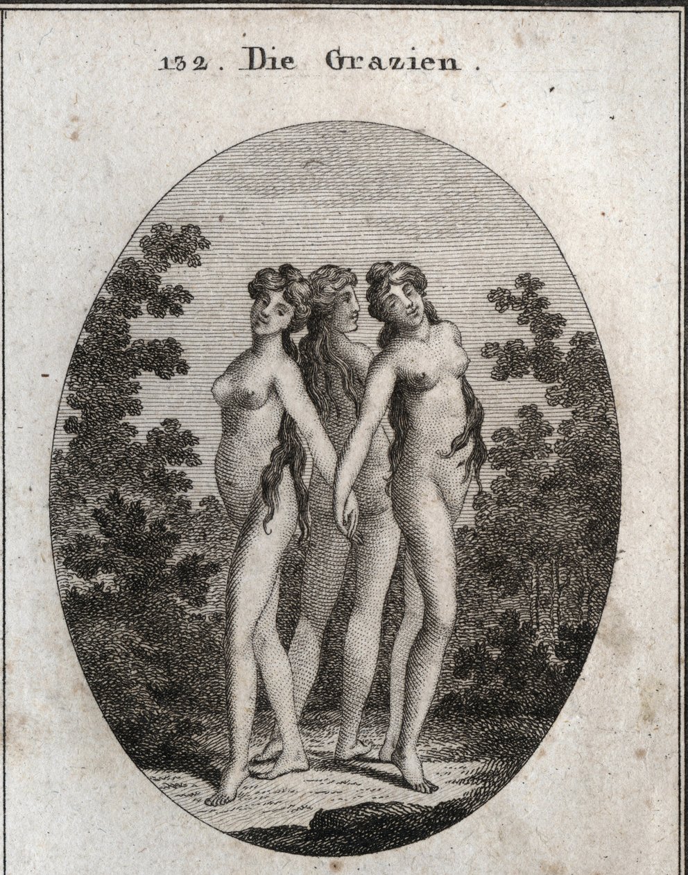 Alegorie milostí. Tři grácie: Eufrosine znamenající věčnost a spokojenost, Aglaya symbolizující impozantní krásu a Thalia rozkoš. Rytí do "" ikonologie nebo myšlenek z oblasti vášní a alegorií zobrazených pro Ze od Austrian School