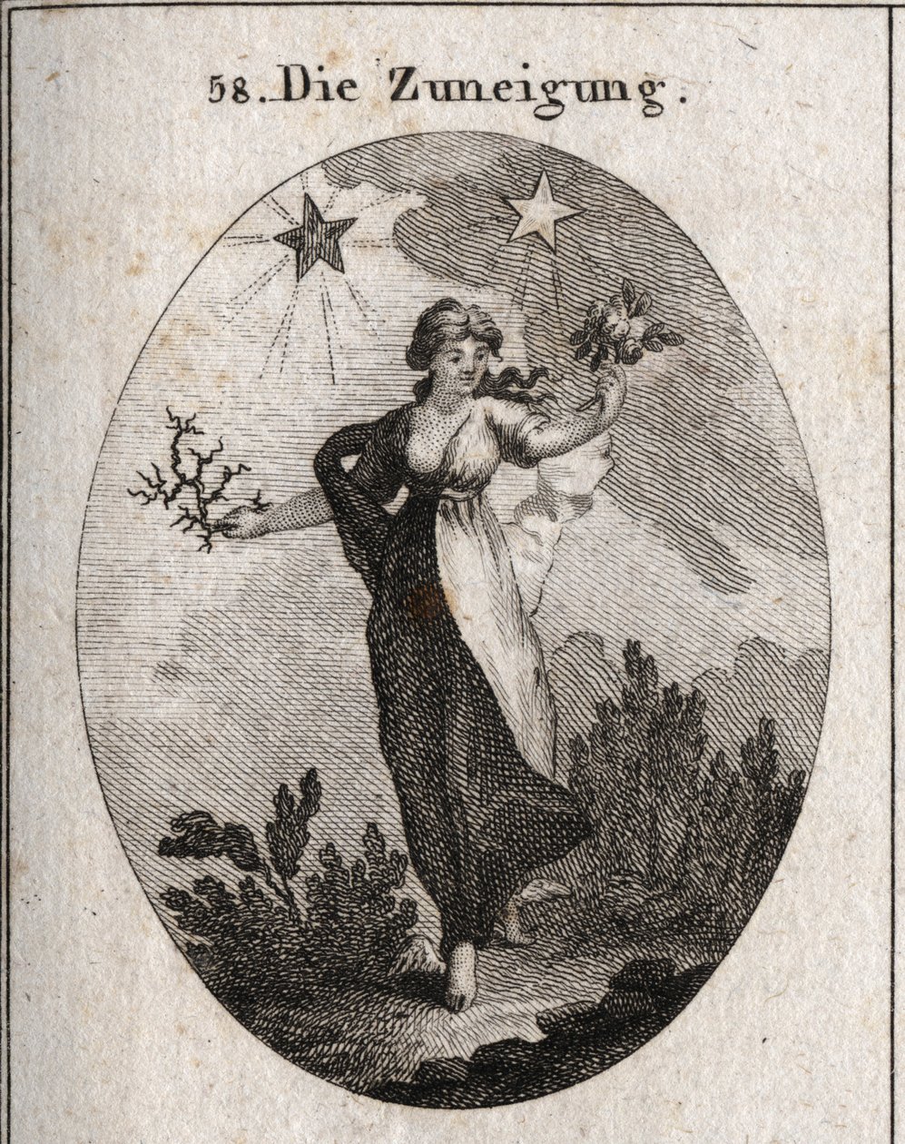 Alegorie sklonu. Drží kytici růží a kytici trní a při výběru vypadá nerozhodně. Za ní je jasná a prospěšná hvězda (ta Jupitera) a temná a škodlivá hvězda (ta Saturn). Rytina v „“ Iconologie oder Ideen od Austrian School