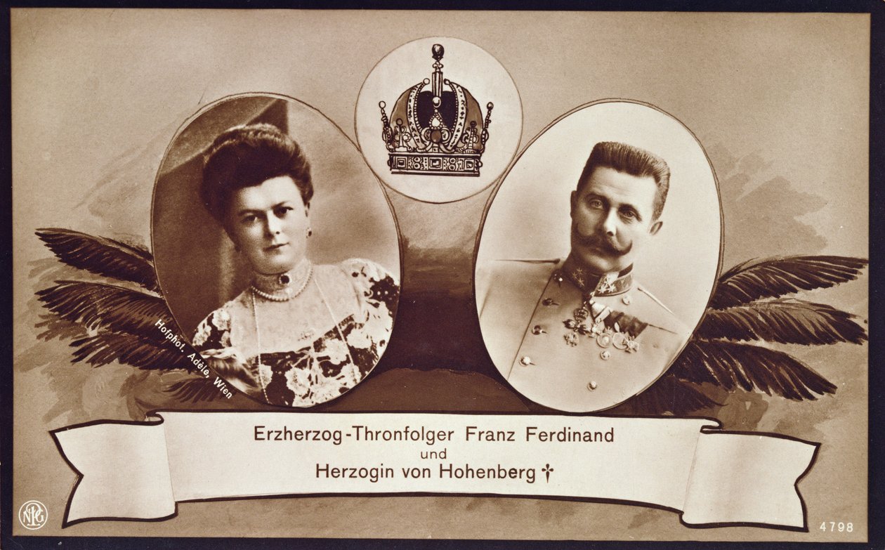 Arcivévoda Franz Ferdinand Rakouský, následník rakouského trůnu a jeho manželka, vévodkyně z Hohenbergu, 1914 od Austrian School