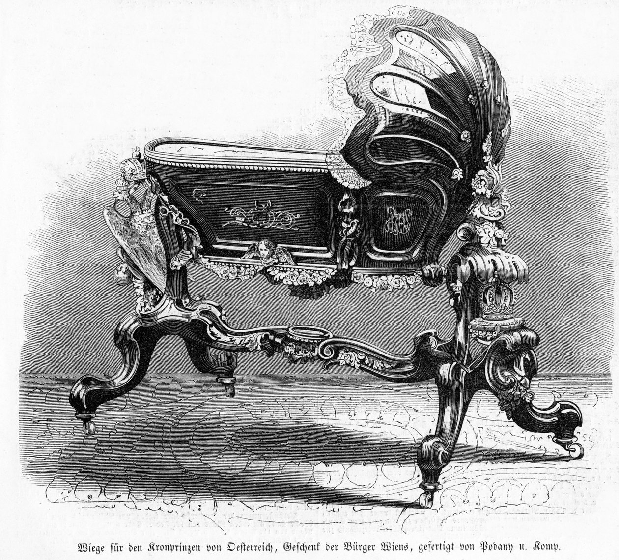 Dětská postýlka rakouského korunního prince, ilustrace z Leipziger Illustrirte Zeitung, 1859 (dřevoryt) od Austrian School
