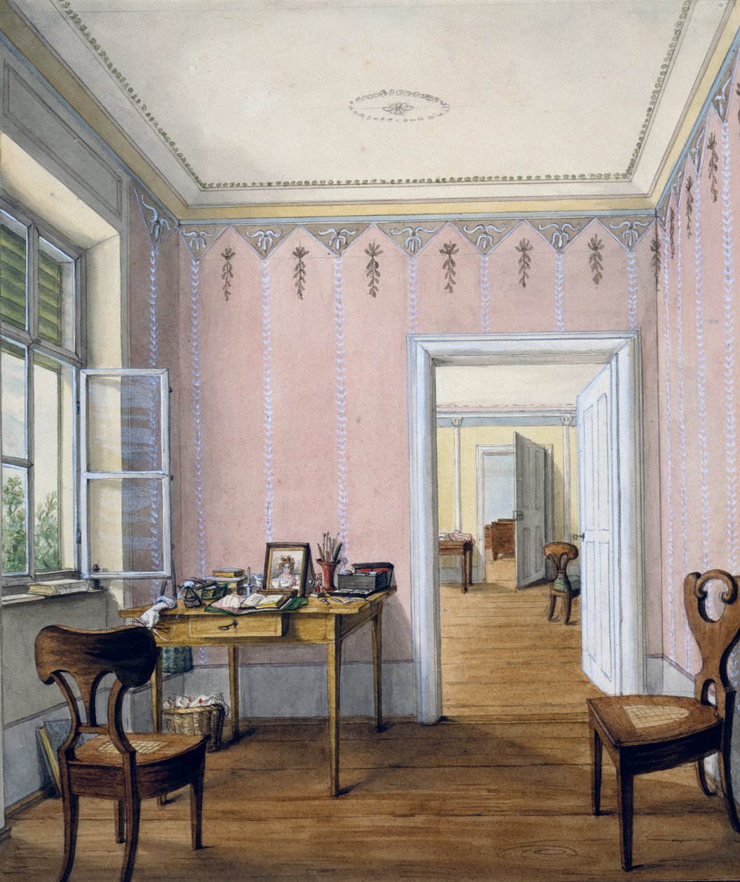 Interiér ve stylu biedermeieru, cca 1840, akvarel, Rakousko od Austrian School