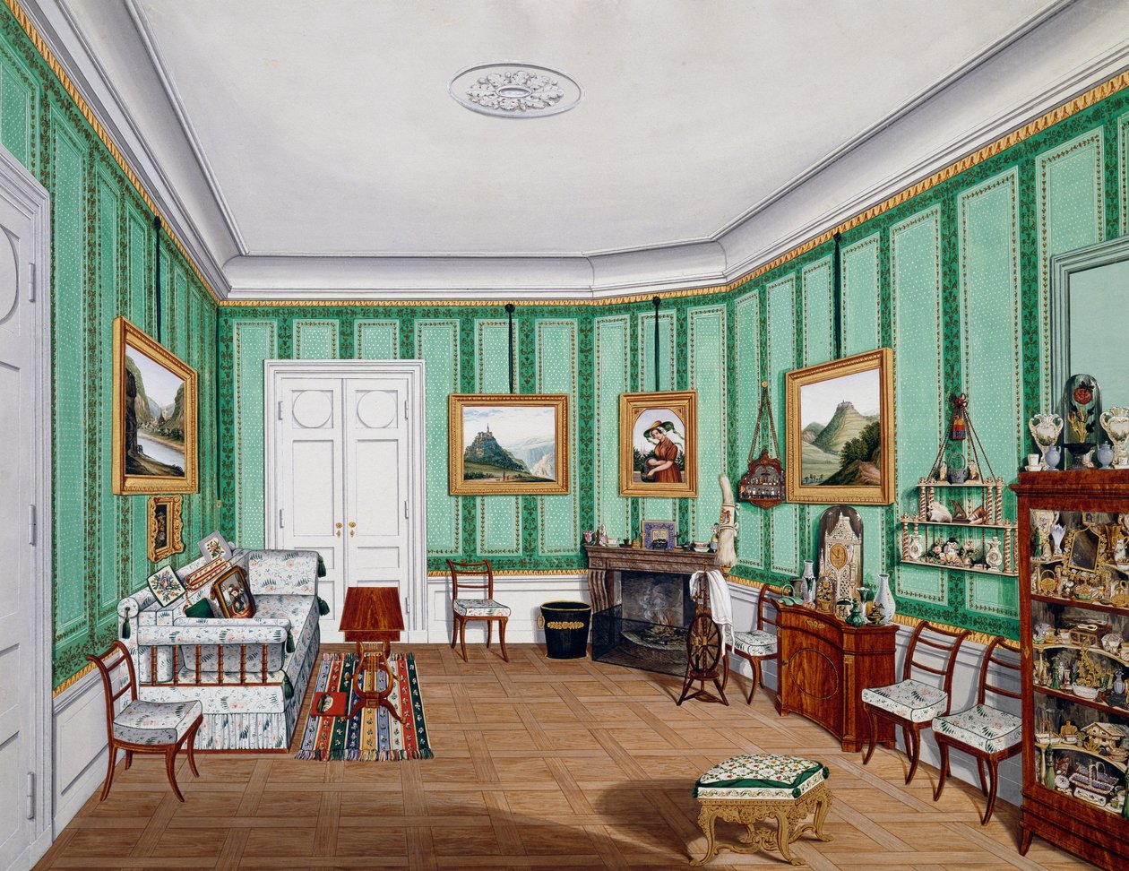 Pokoj ve stylu biedermeieru, cca 1850, akvarel, Rakousko od Austrian School