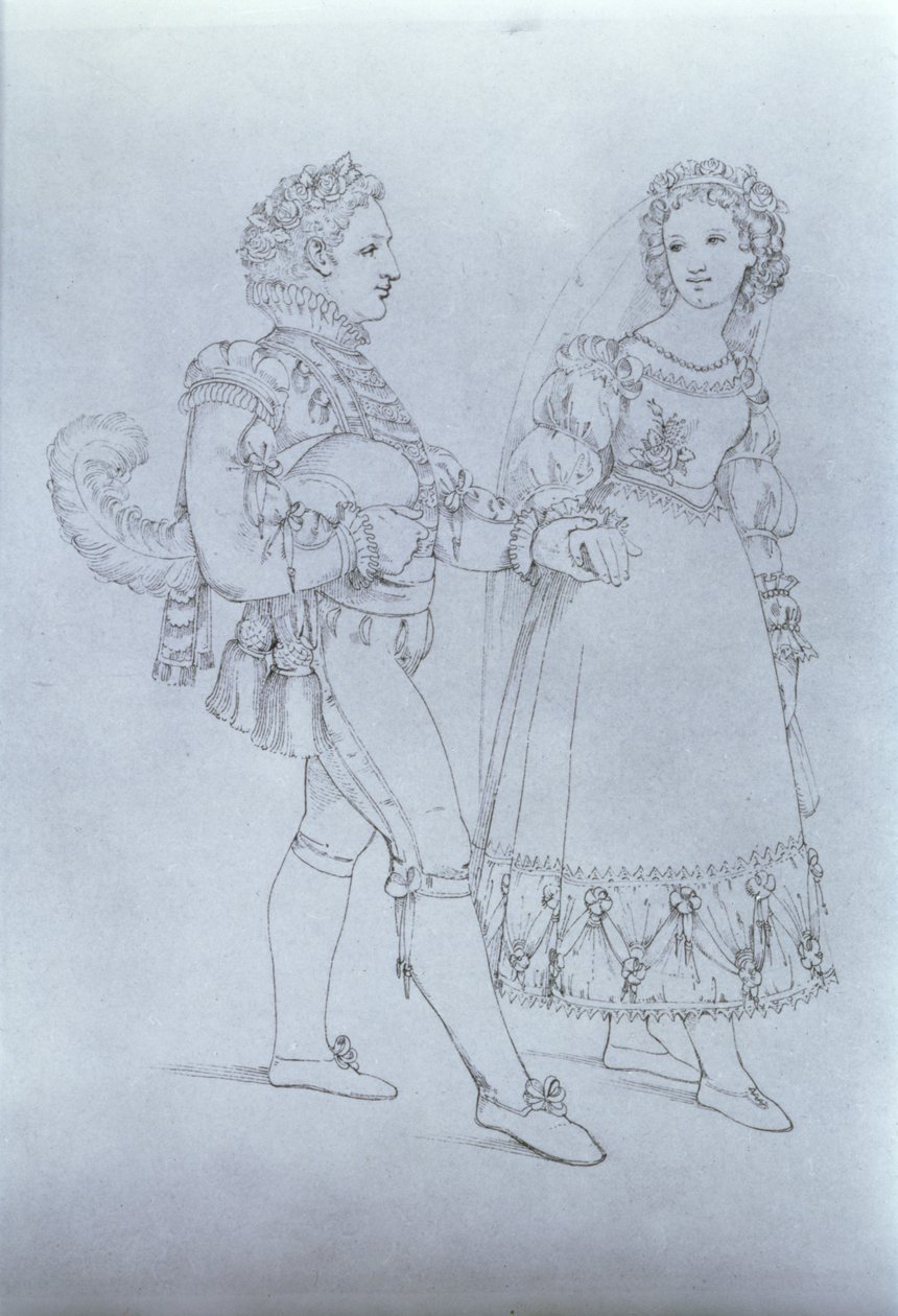 Kostýmní návrhy pro Figara a Susannu z opery „Figarova svatba“ od Wolfganga Amadea Mozarta (1756-91) (rytina) od Austrian School
