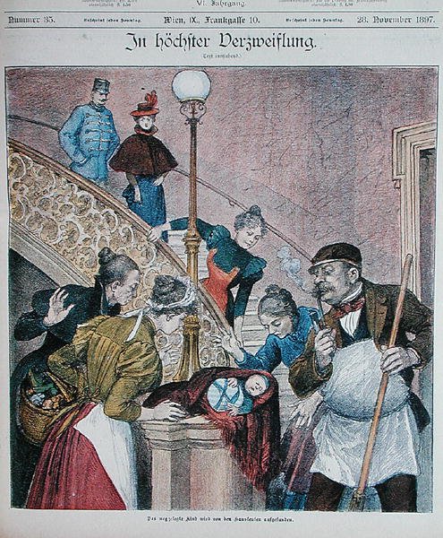 Obálka rakouského časopisu zobrazující miminko opuštěné na schodišti panelového domu, 28. listopadu 1897 (barva lito) od Austrian School