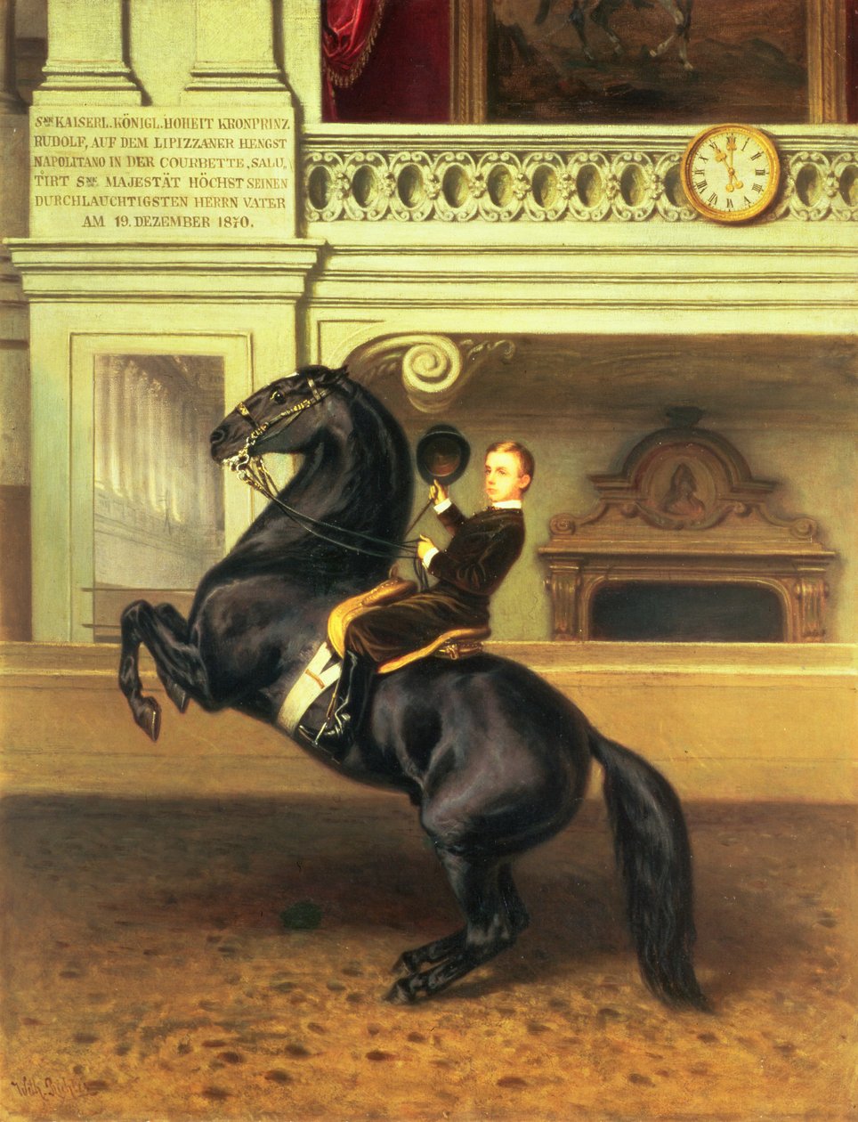 Rakouský korunní princ Rudolf (1858-1989) na koni v Zimní jezdecké škole v Hofburgu, Vídeň, 1870 od Austrian School
