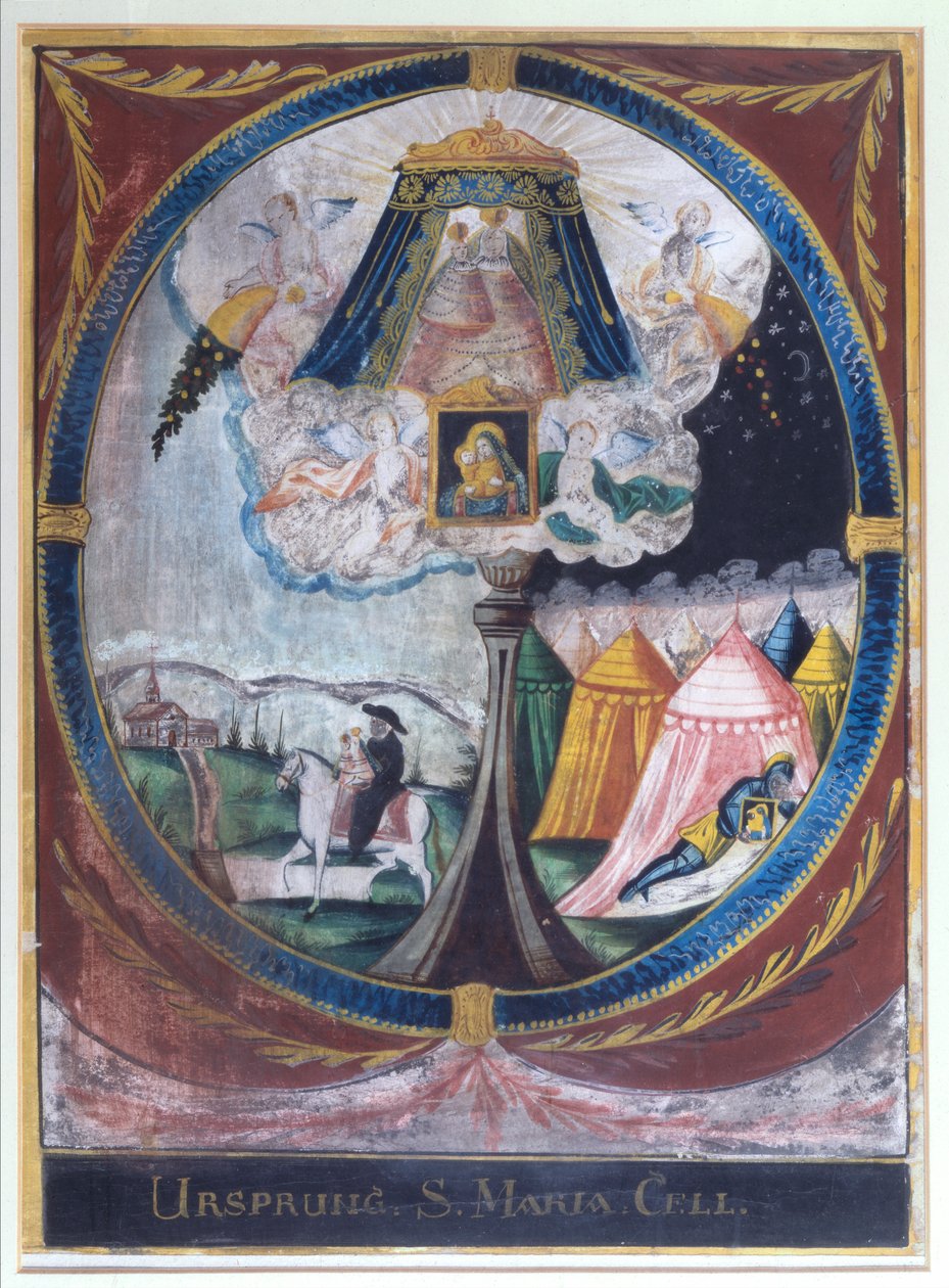 Zobrazení mnicha Magnuse přinášejícího zázračnou dřevěnou sochu Panny Marie do Mariazell v roce 1157 a Zjevení Panny Marie spícímu rytíři (akvarel na papíře) od Austrian School