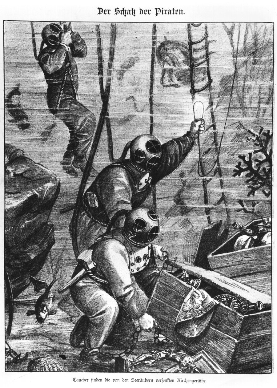 Potápěči nalézající poklad pirátů, 1897 od Austrian School