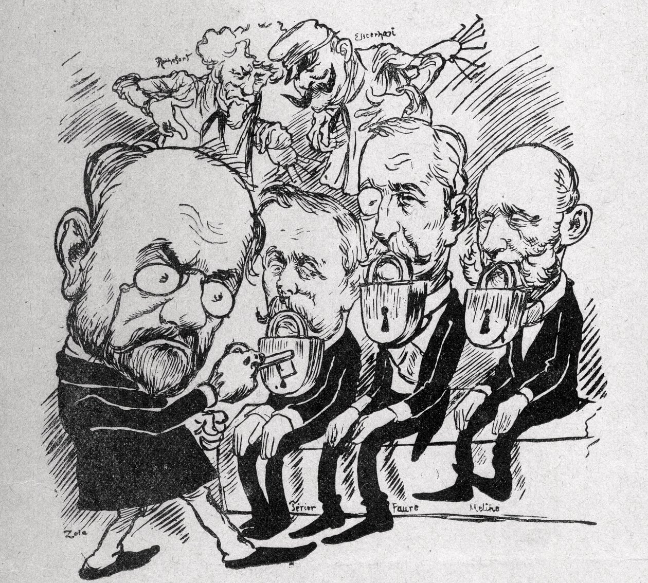 Emile Zola se pokouší odemknout zámky, které zavírají ústa prezidentů Jean Casimir-Perier (1847-1907) a Felixe Faureho (1841-1899), jakož i prezidenta Rady Julese Melinea (1838-1925), zatímco v pozadí, Henri Rochefort (1831-1913) řekl Com od Austrian School