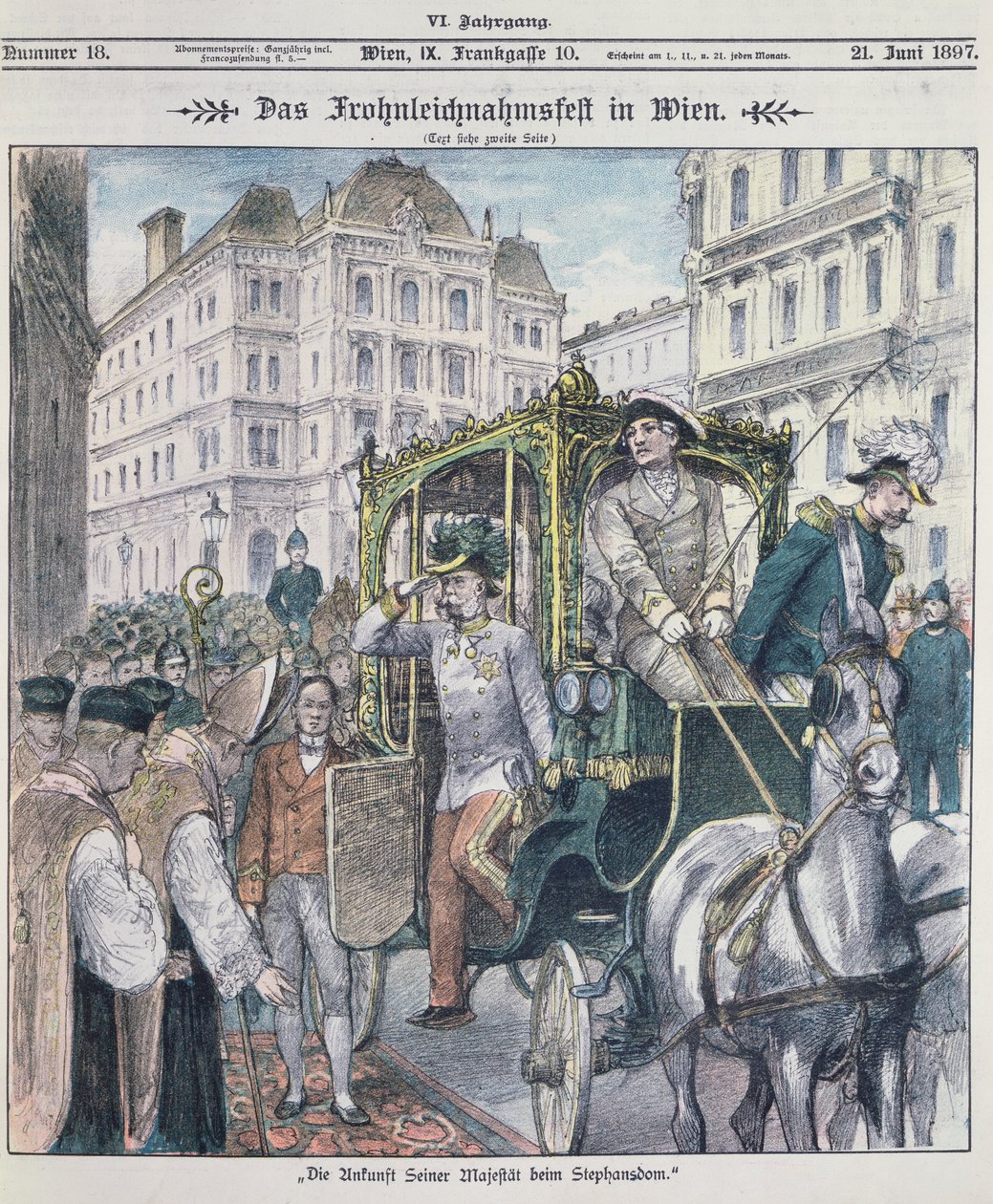 Rakouský císař Franz Josef přijíždějící do katedrály sv. Štěpána ve Vídni na oslavu svátku Božího těla (Fronleichnam), 1897; od Austrian School