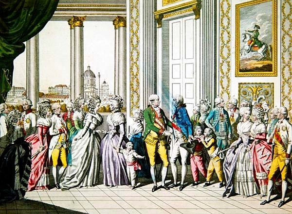 Císař Leopold II. a jeho rodina vítá Ferdinanda I., krále neapolského a sicilského a jeho rodinu ve Vídni od Austrian School