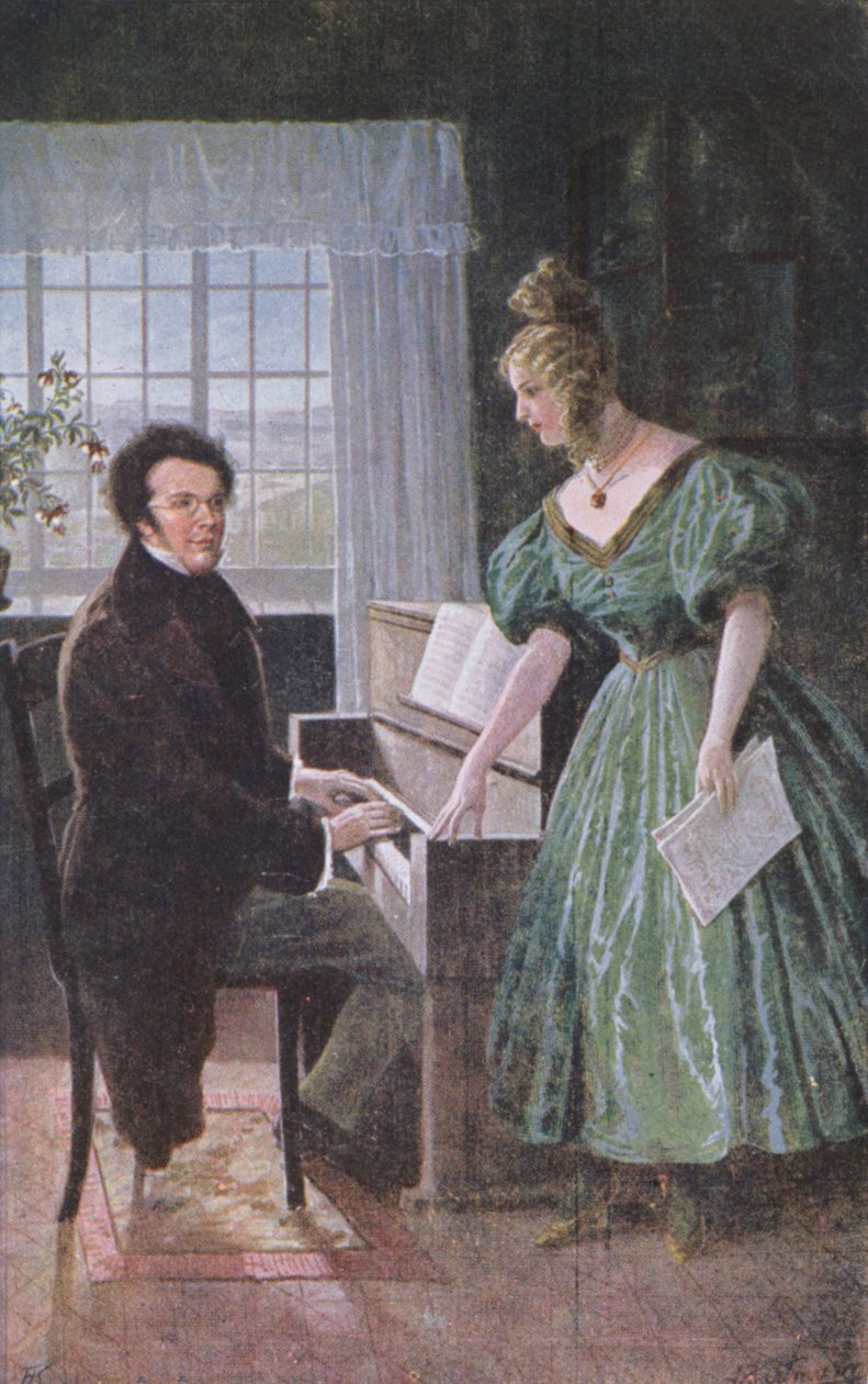 Franz Peter Schubert (1797-1828) hra na klavír, pohlednice kolem roku 1910 od Austrian School