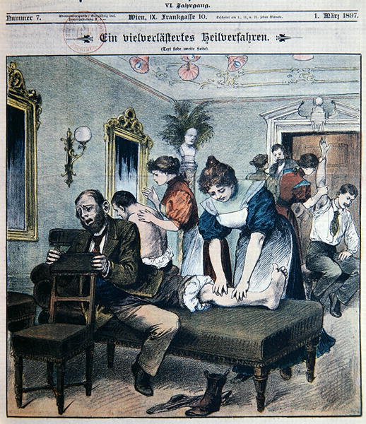 Humorné vyobrazení amerického masážního salonu od Austrian School