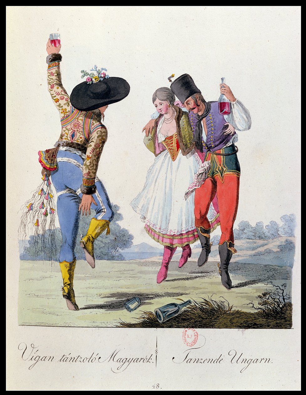 Maďarské tanečnice v tradičním oděvu, ilustrace z knihy Costumes de Pannonie od J.H. de Bikkesy, vydáno ve Vídni, 1810 (barevná rytina) od Austrian School