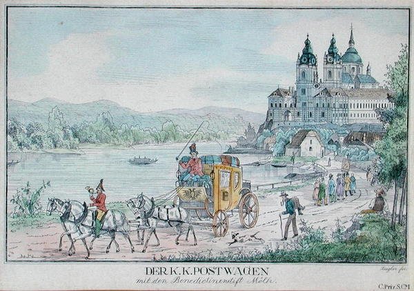 Kočár císařské rakouské pošty před opatstvím Melk u řeky Dunaj, počátek 19. století (barevná rytina) od Austrian School