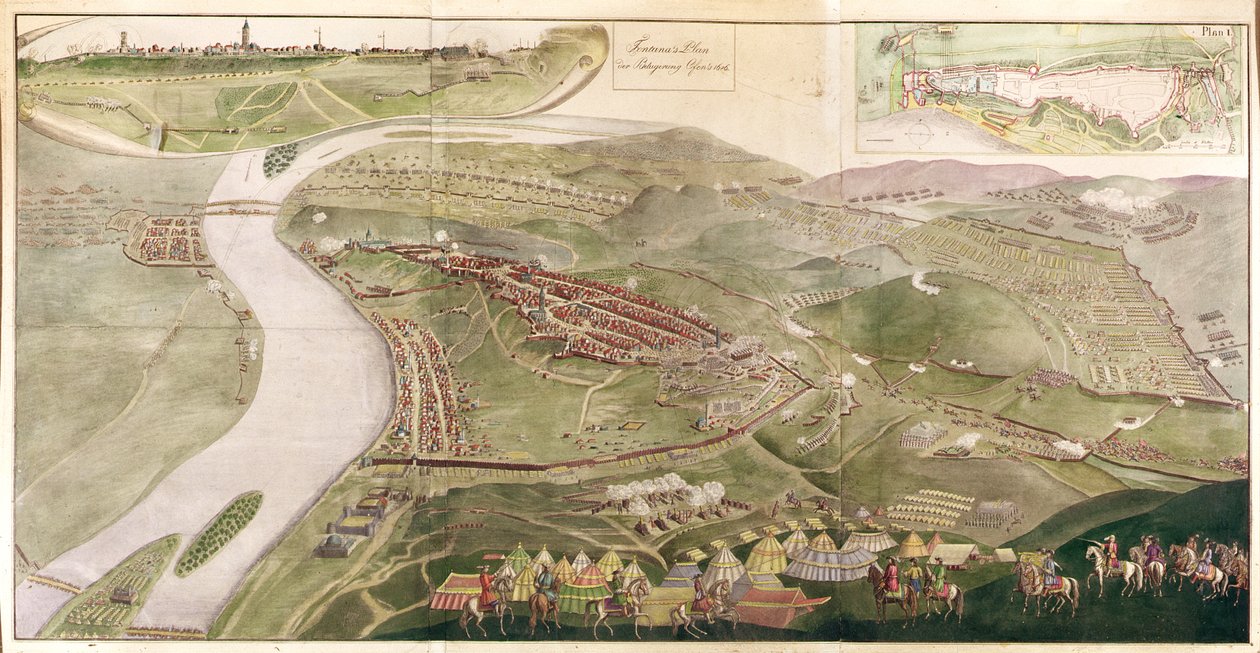 Mapa znázorňující dobytí Budína, 1686 (barevná rytina) od Austrian School