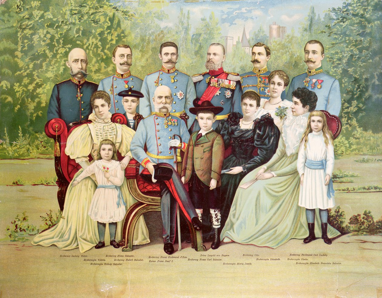 Členové rakouské císařské rodiny seskupené kolem císaře Františka Josefa I. (1830-1916) kolem roku 1900 od Austrian School