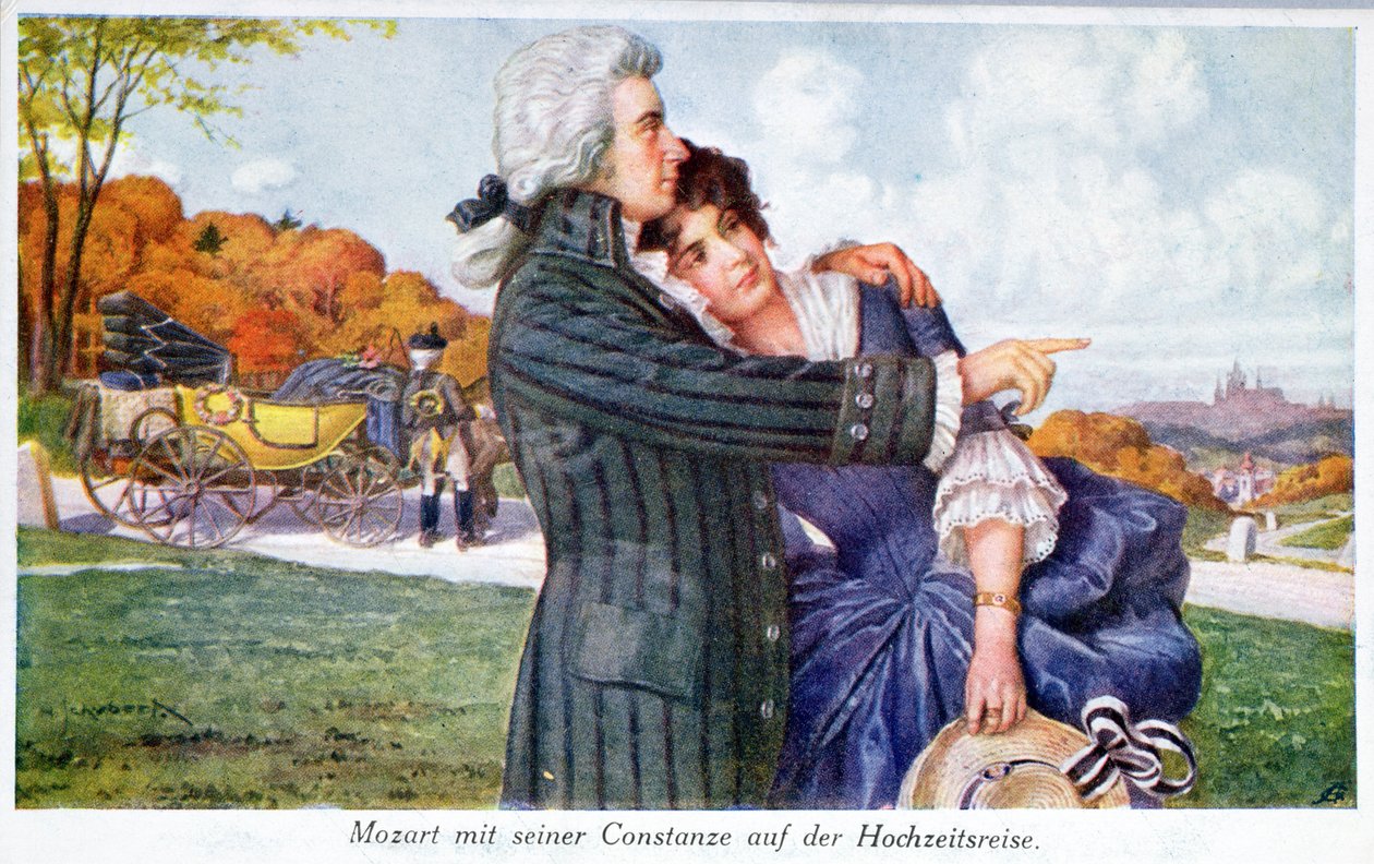 Mozart s manželkou Constanze na líbánkách od Austrian School