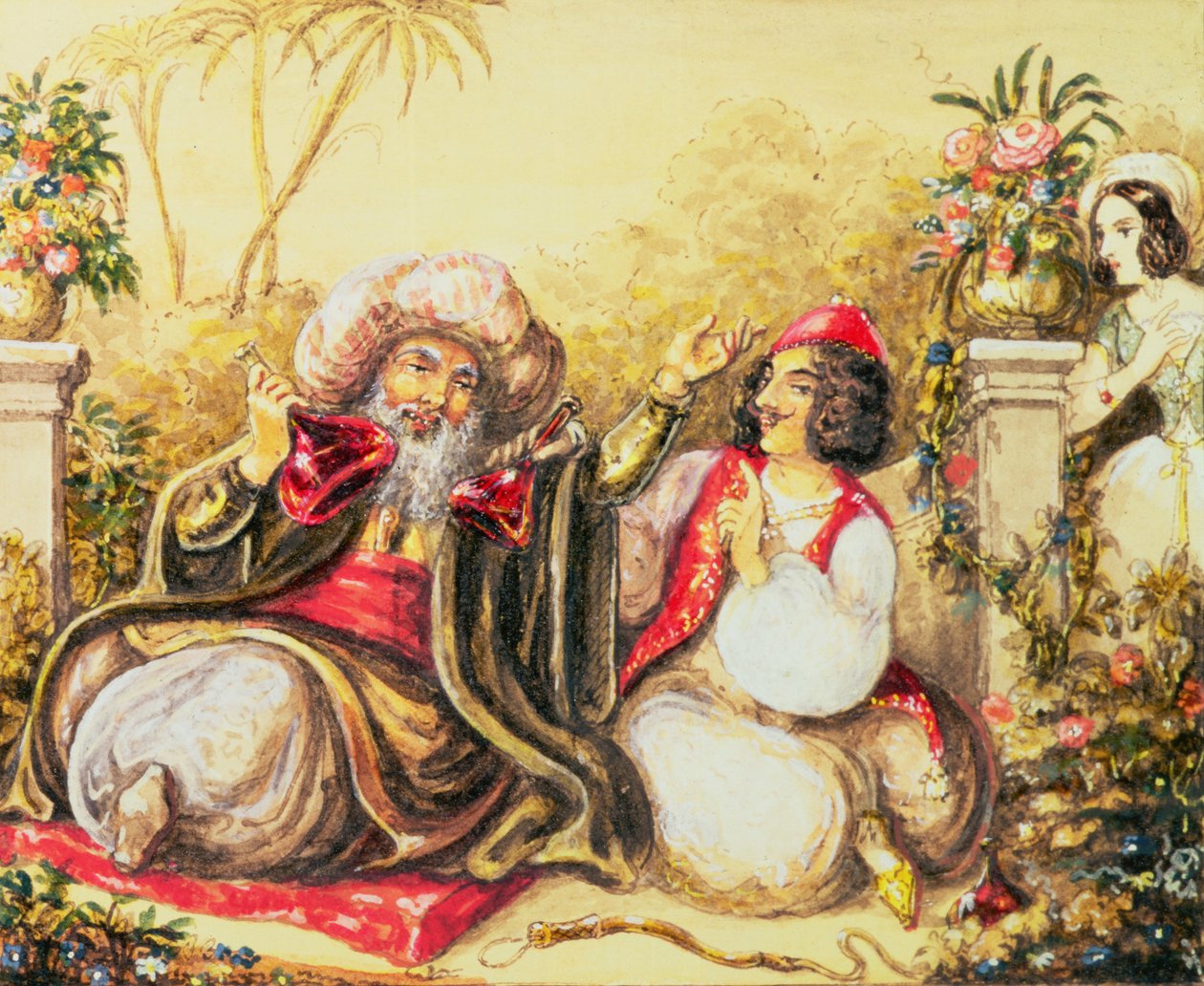 Pedrillo s pitím Osmina, zatímco Blonda čeká v pozadí, scéna z II. dějství z filmu „Únos ze seraglia“ od Wolfganga Amadea Mozarta (1756-91) od Austrian School