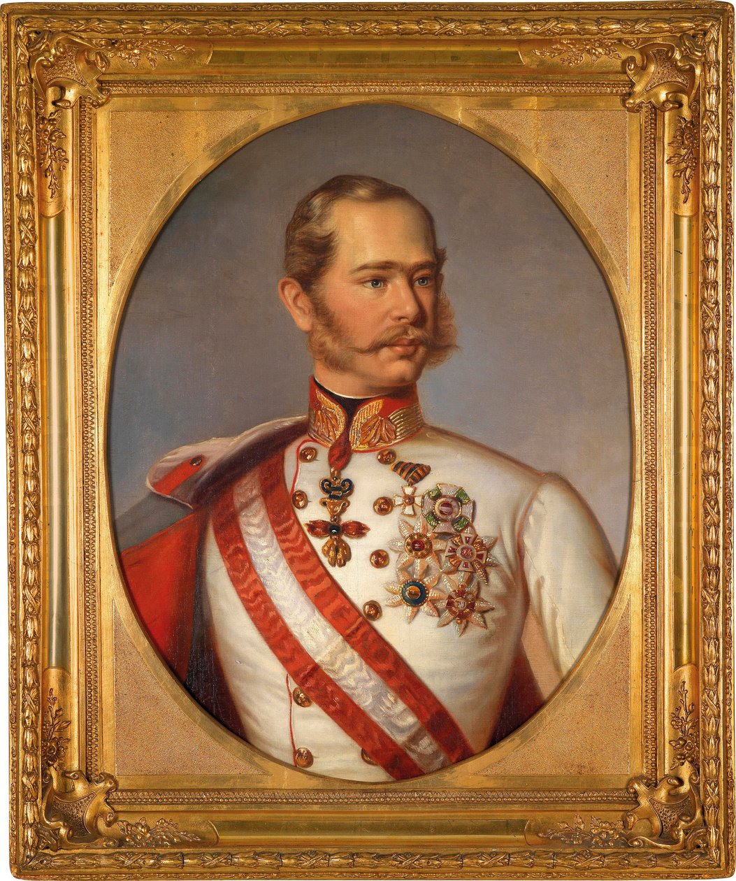 Portrét Františka Josefa I. Rakouského (1830-1916). Má vyznamenání Řádu zlatého rouna. Anonymní obraz, olej na plátně, kolem 1855. Rakouské umění od Austrian School