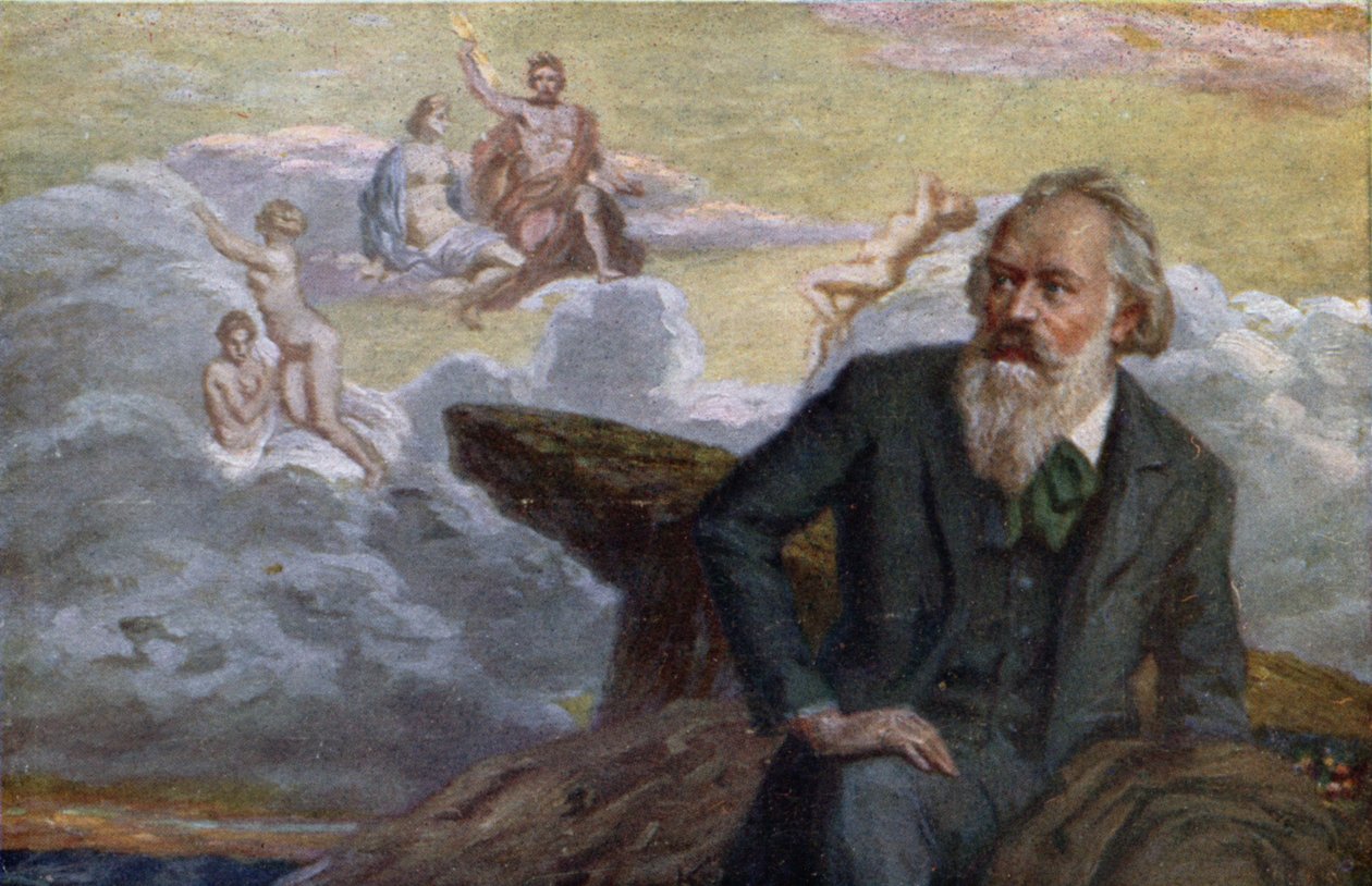 Pohlednice zobrazující Johannese Brahmse (1833-97) skládajícího svou 1. symfonii op.68, kolem roku 1900 od Austrian School