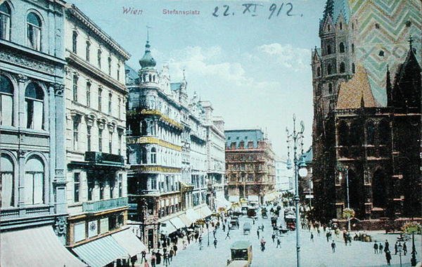 Pohlednice zobrazující náměstí svatého Štěpána a katedrálu svatého Štěpána ve Vídni od Austrian School