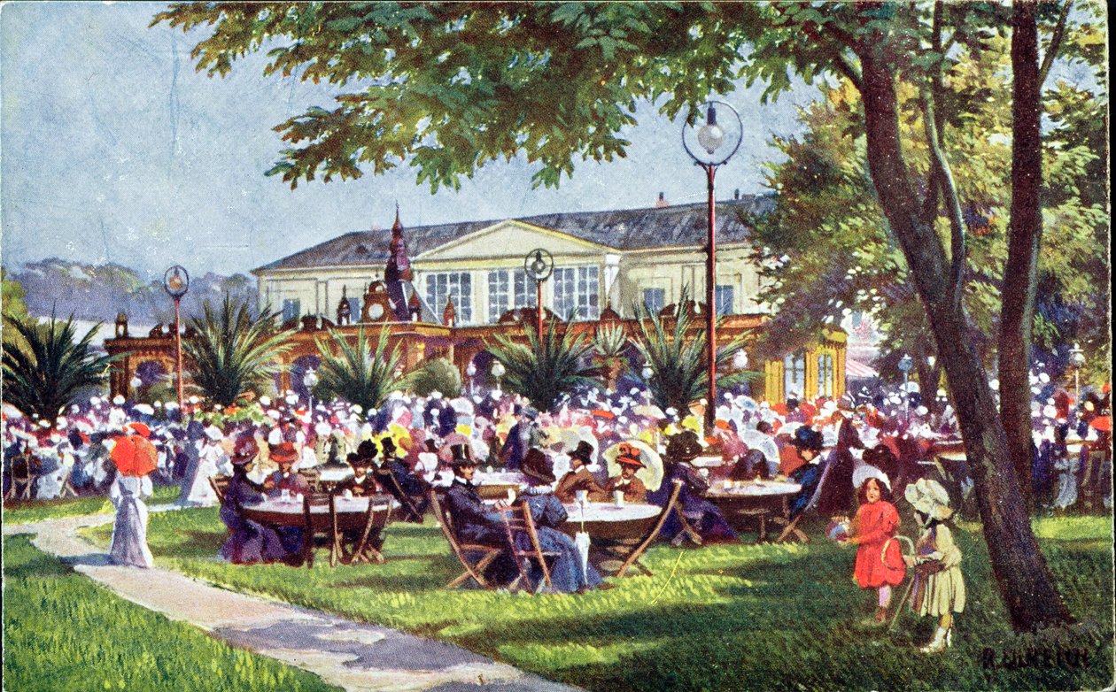 Pohlednice zachycující terasu kavárny Meierei-Tivoli, čtvrť Schonbrunn, Vídeň od Austrian School