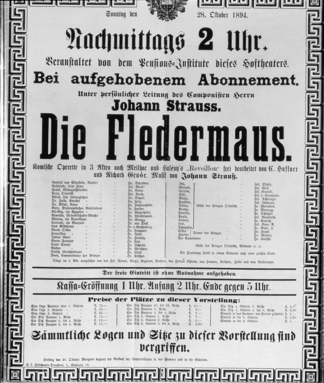Reklamní plakát „Die Fledermaus“ od Johanna Strausse mladšího pro představení ve Vídeňské státní opeře, 28. října 1894 (litho) od Austrian School