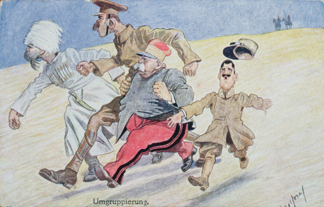 Přeskupování, Rusko, Velká Británie, Francie a Itálie prchající před Rakušany a Němci na obzoru, pohlednice z první světové války od Austrian School
