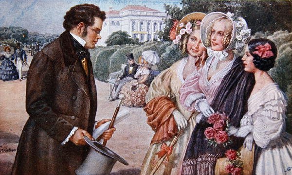 Scéna z "Das Dreimaederlhaus" ("Dům tří dívek") zobrazující Schuberta se 3 sestrami Tschollovými od Austrian School