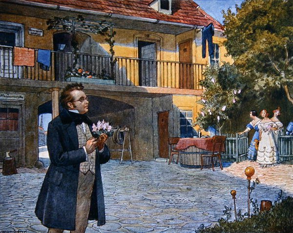Partitura Obálka "Das Dreimaederlhaus" ("Dům tří dívek") s vyobrazením Schuberta před domem, cca 1916 (barevná litografie) od Austrian School