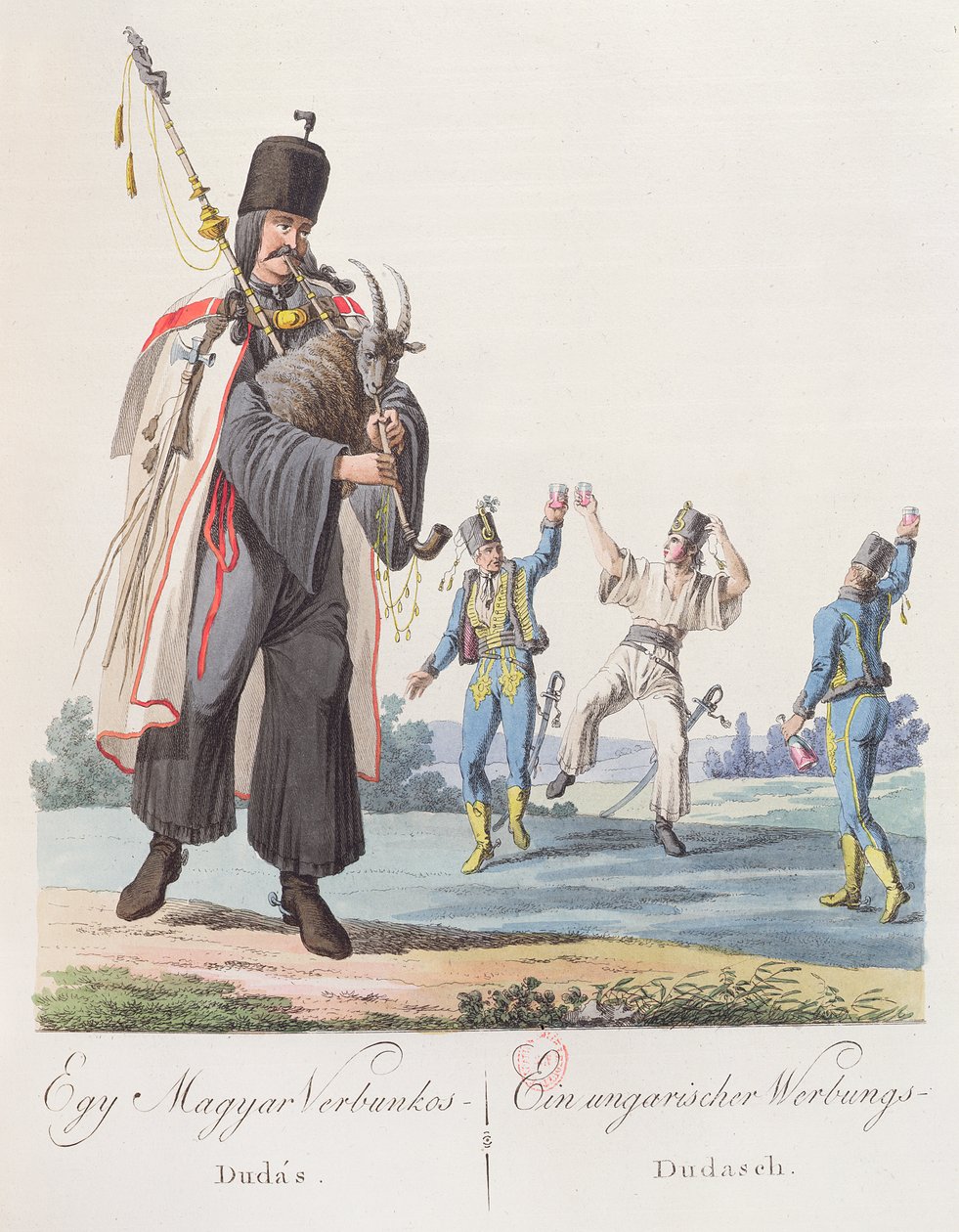 Vojáci maďarského pluku předvádějící náborový tanec, ilustrace z knihy Costumes de Hongrie, vydané ve Vídni, 1810 od Austrian School