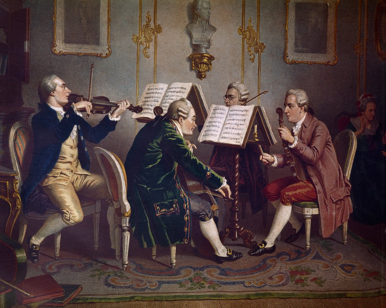 Smyčcový kvartet hrající Mozartovo dílo (Komorní hudba) (Litografie od Austrian School