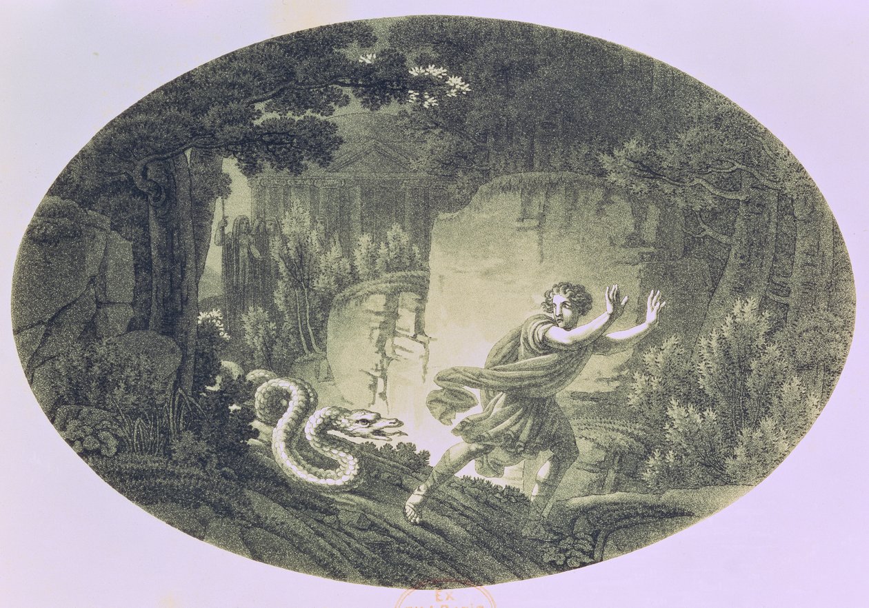 Tamino pronásledovaný obřím hadem, scéna I. dějství z „Kouzelné flétny“ od Wolfganga Amadea Mozarta (1756-91) (rytina) od Austrian School
