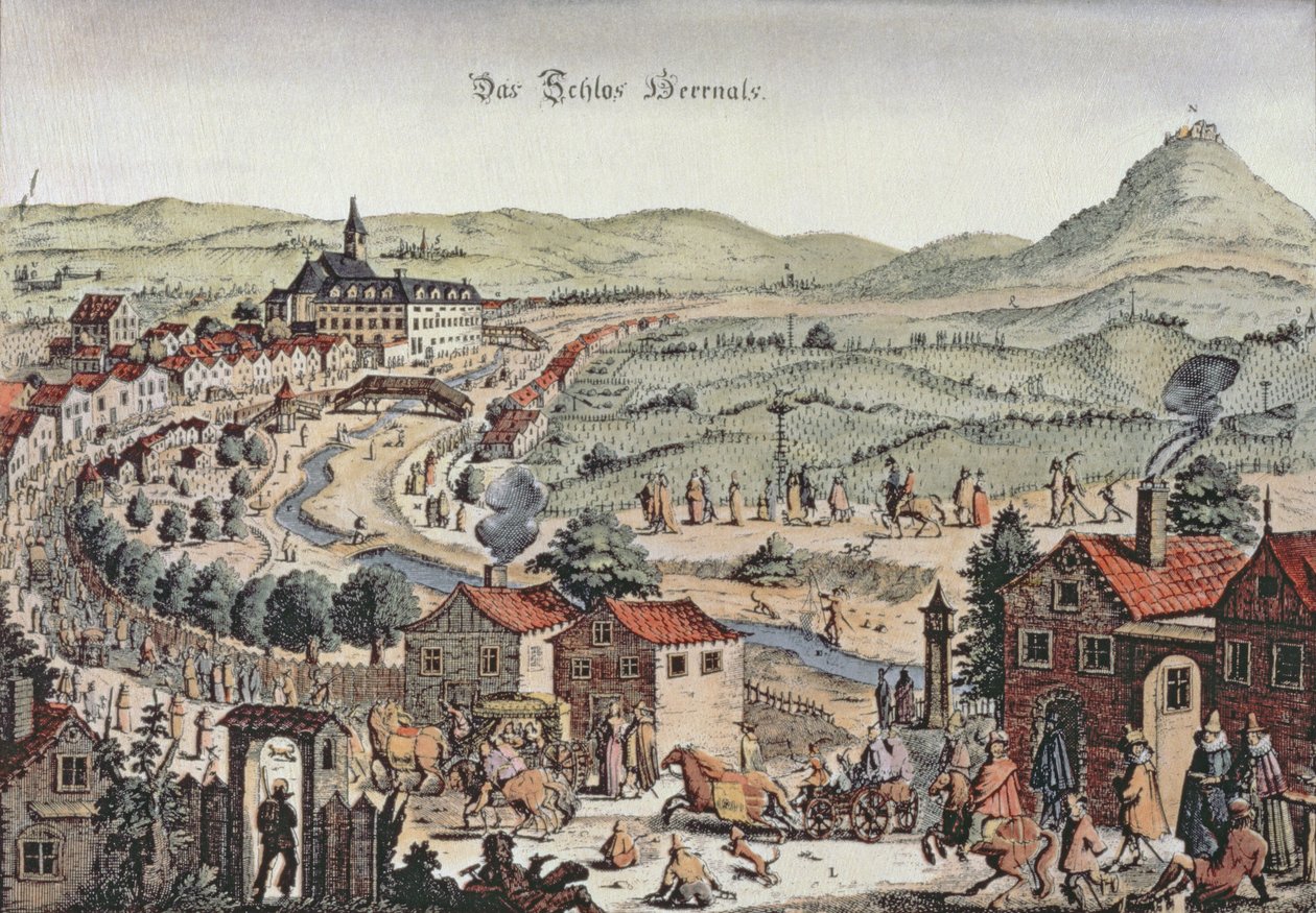 Pohled na sever Vídně se Schlos Hernals a kopci Kahlenberg v pozadí (rytina) od Austrian School